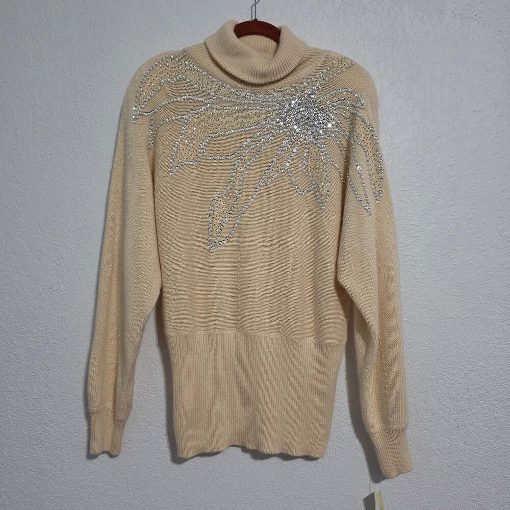 Vintage 90s Silk Angora Blend Beaded Turtleneck Sweater sz M Cream 80s Retro New